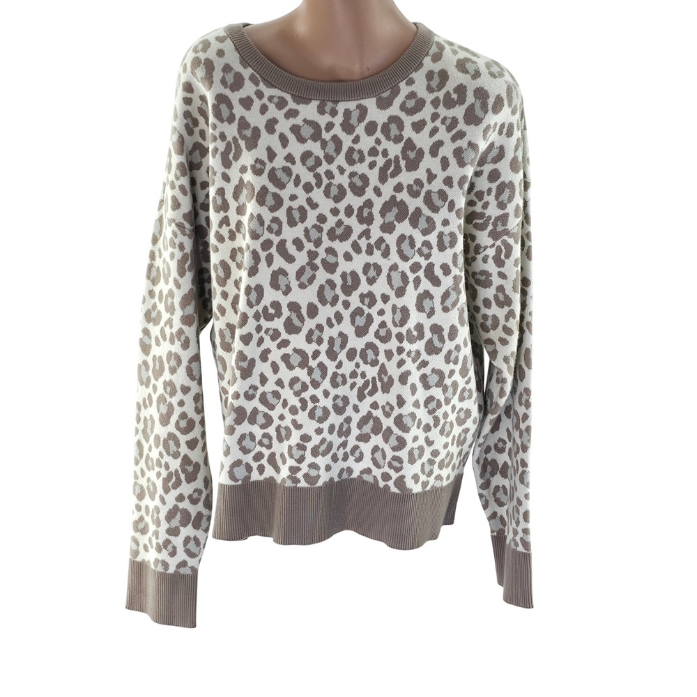 DKNY Sweater Women‎ XL Tan Leopard Animal Print Crew Neck Pullover P1KST0Z1 Knit
